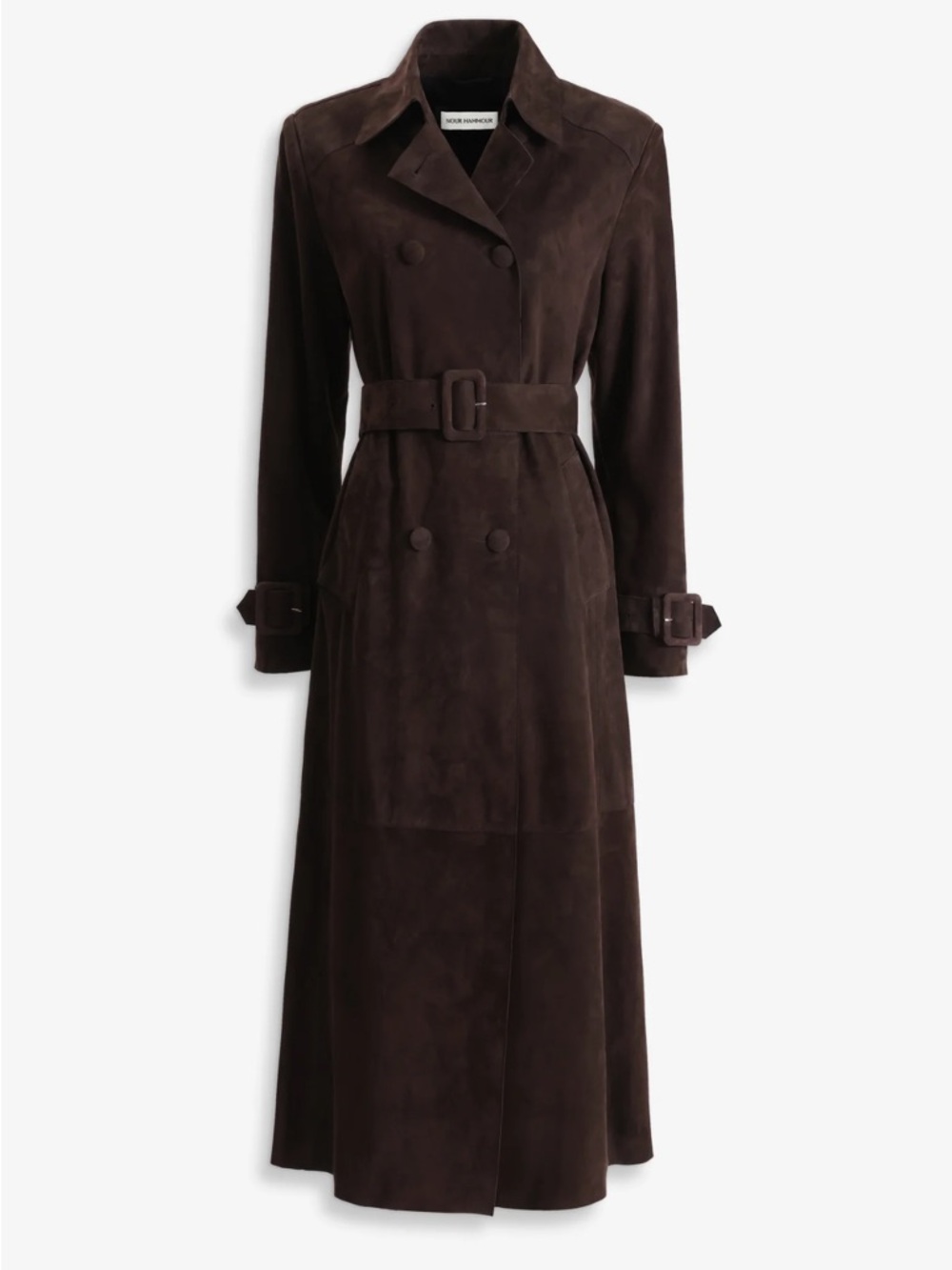Nour Hammour Tate Double-Breasted Brown Suede Trench Coat 36
